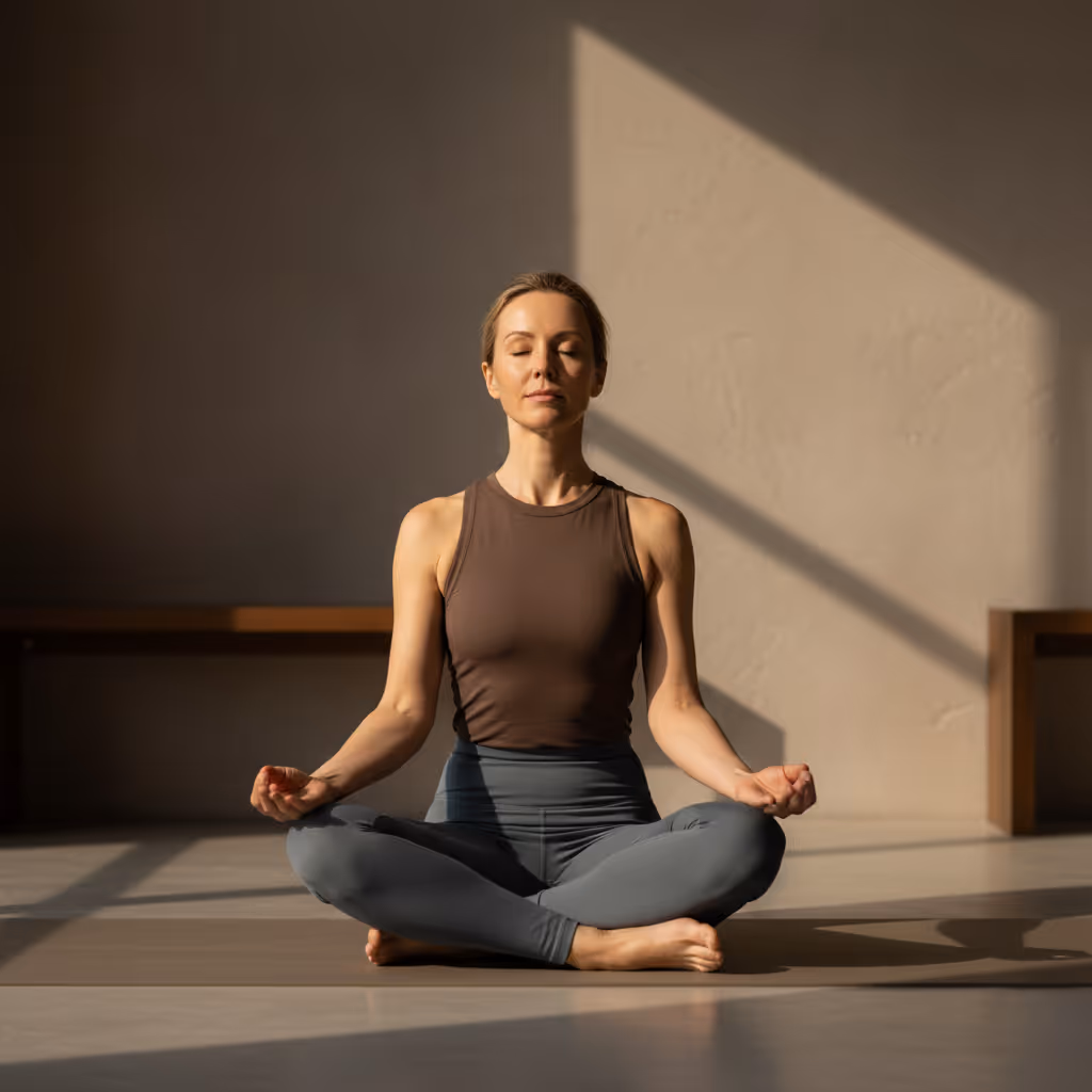 Woman meditating cross-legged on a yoga mat in a sunlit room with eyes closed.