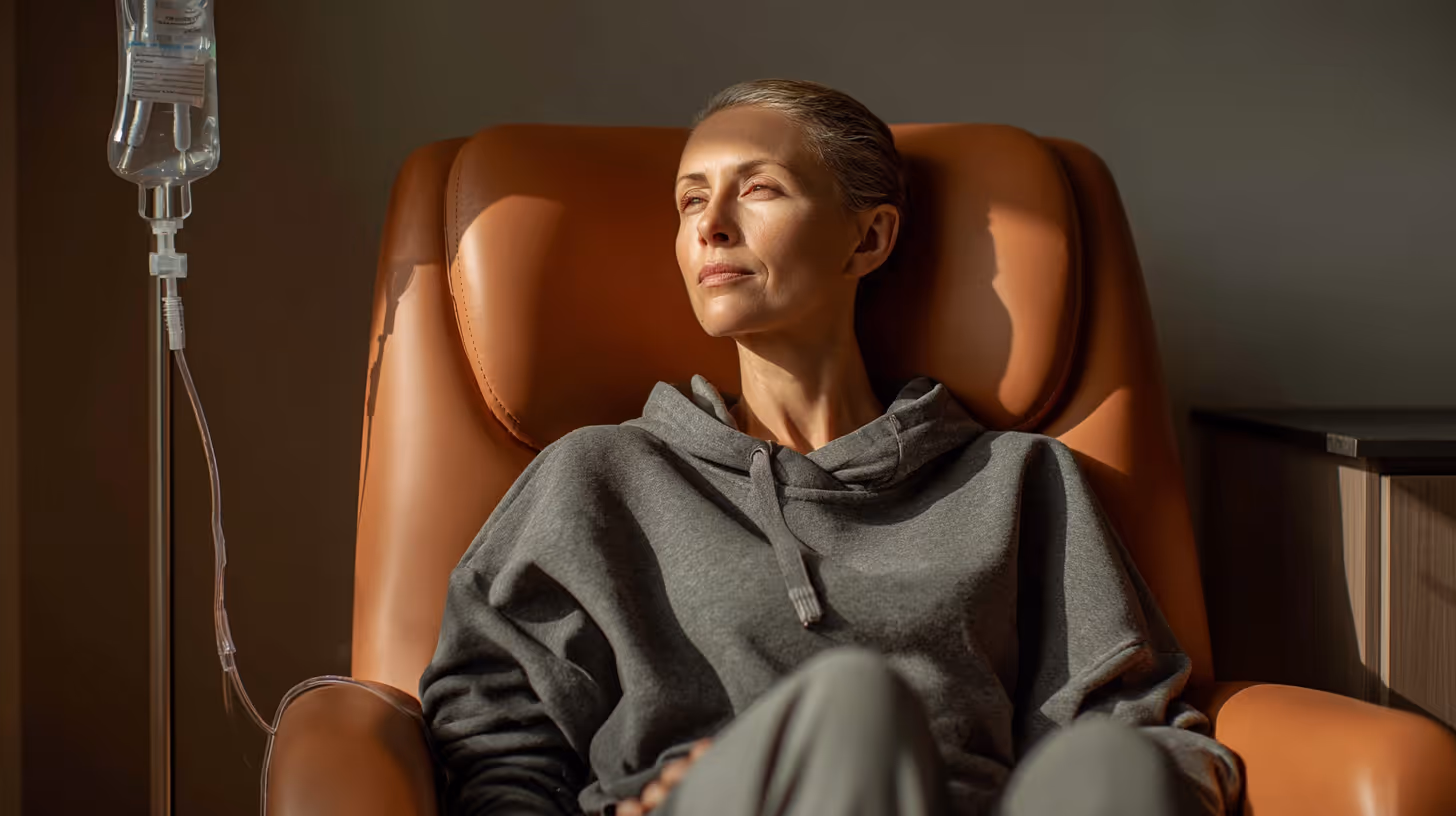 Woman sitting in a brown recliner receiving intravenous therapy, looking thoughtfully out of a sunlit window.