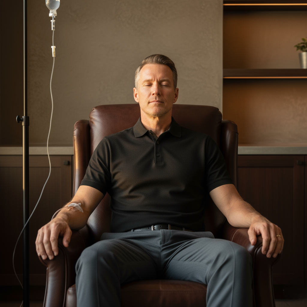Man seated indoors with a soccer ball in natural light, representing Paragon’s musculoskeletal recovery expertise and regenerative treatment focus.