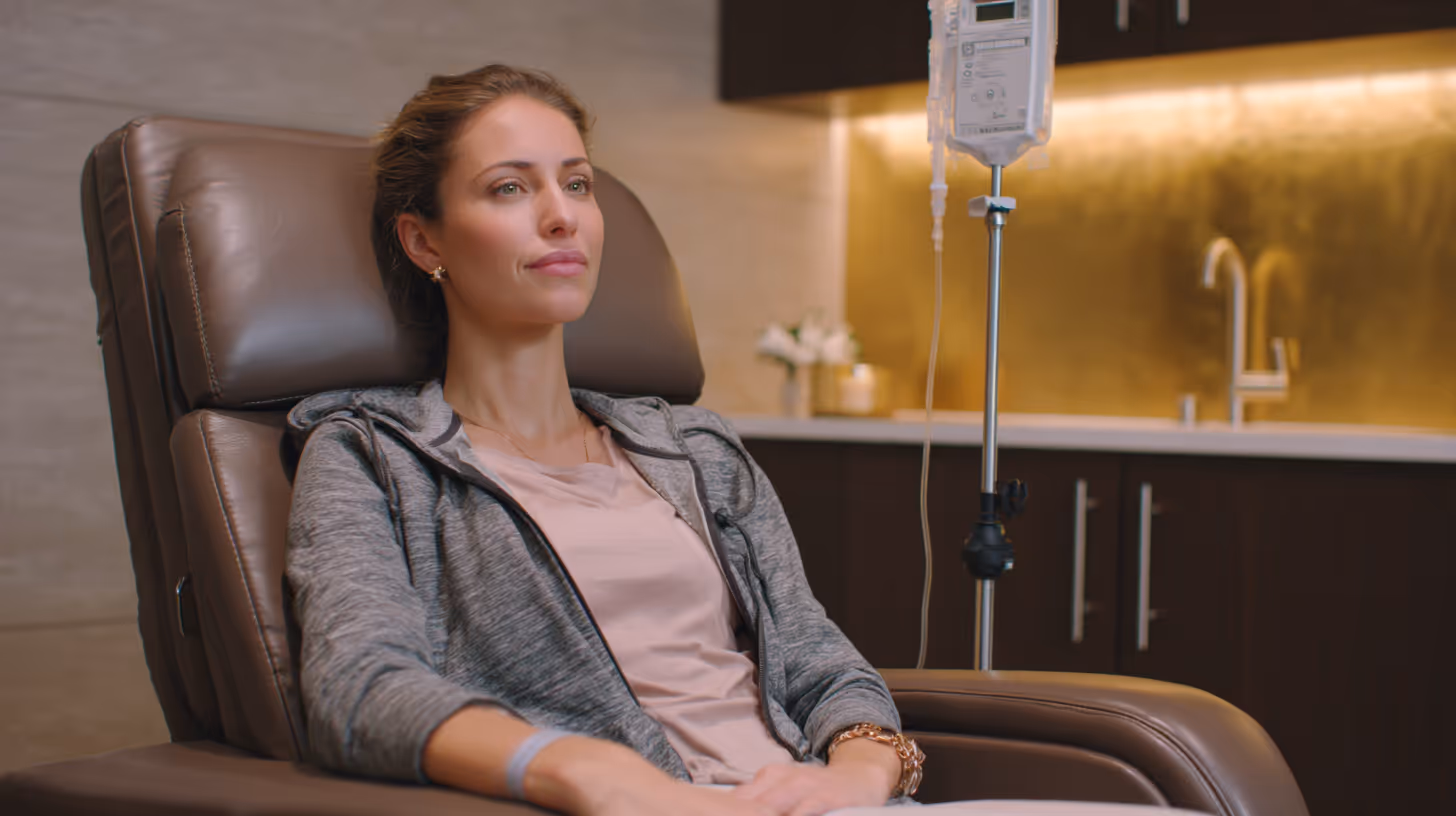 Woman receiving intravenous treatment while sitting in a comfortable chair in a modern medical setting.