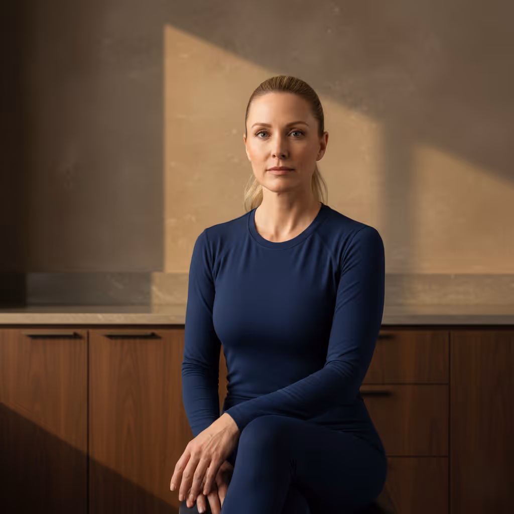 Woman with blonde hair in a ponytail wearing a navy blue long-sleeve top and leggings, sitting with hands resting on a knee in a warmly lit room.