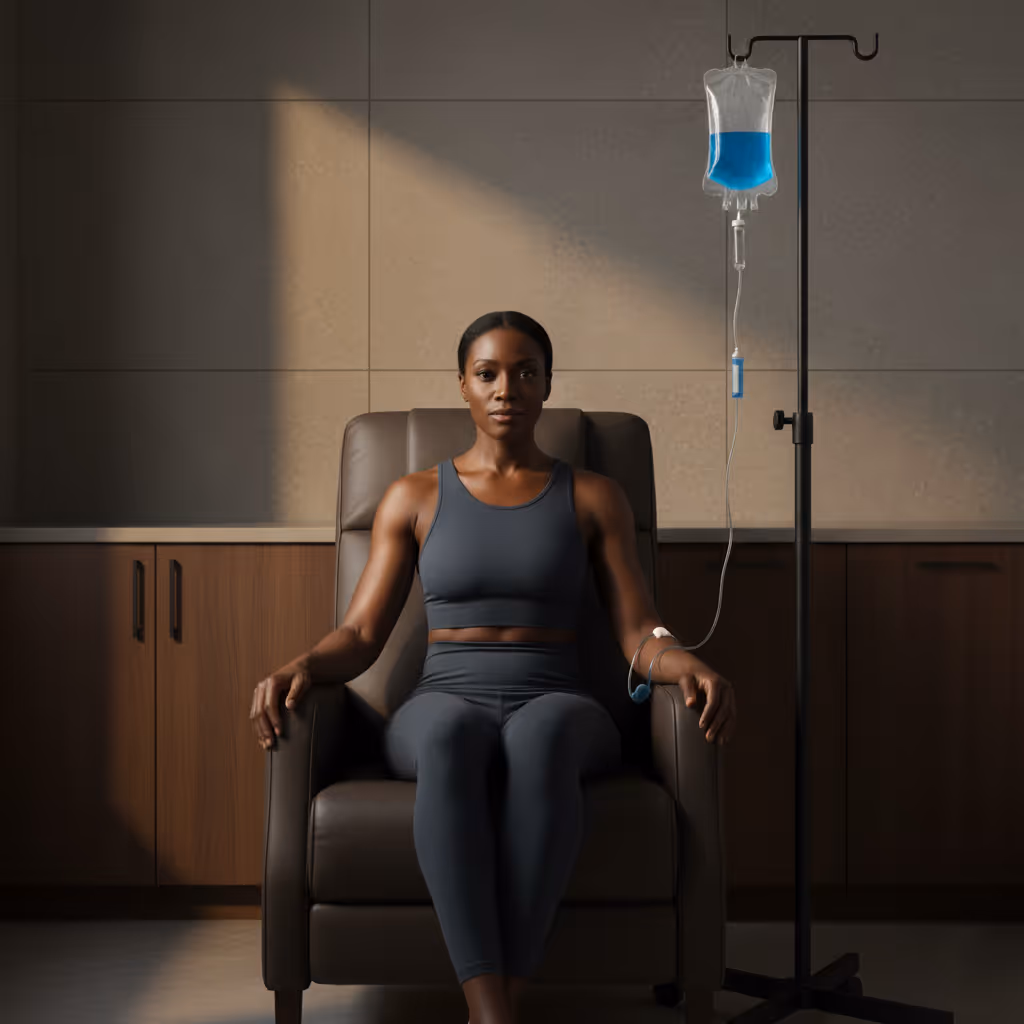 Man seated indoors with a soccer ball in natural light, representing Paragon’s musculoskeletal recovery expertise and regenerative treatment focus.