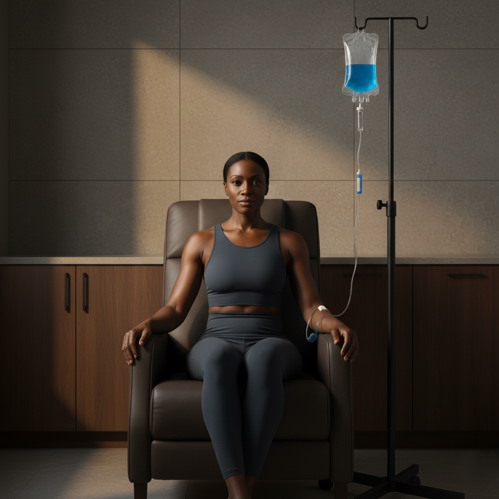 Man seated indoors with a soccer ball in natural light, representing Paragon’s musculoskeletal recovery expertise and regenerative treatment focus.
