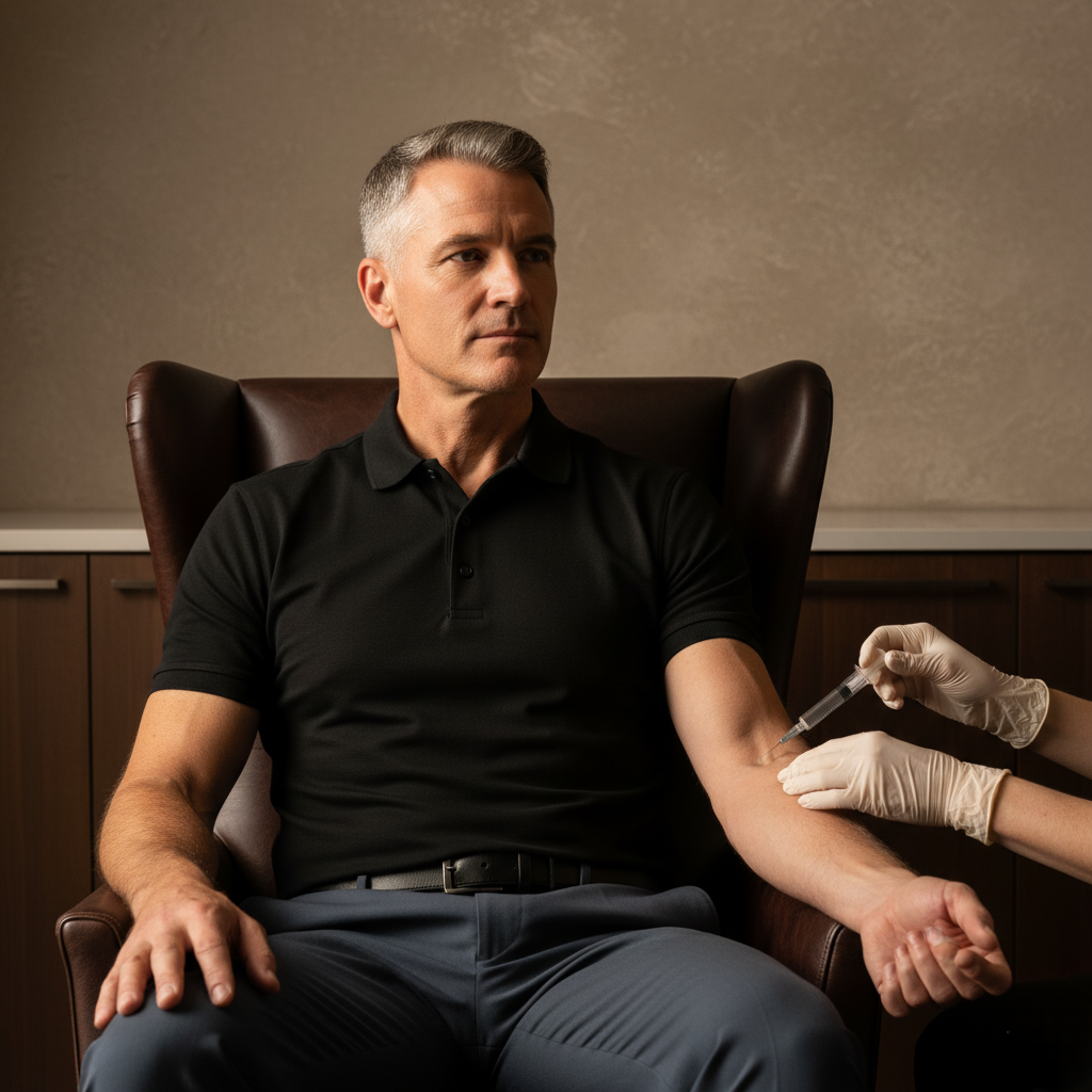 Man seated indoors with a soccer ball in natural light, representing Paragon’s musculoskeletal recovery expertise and regenerative treatment focus.