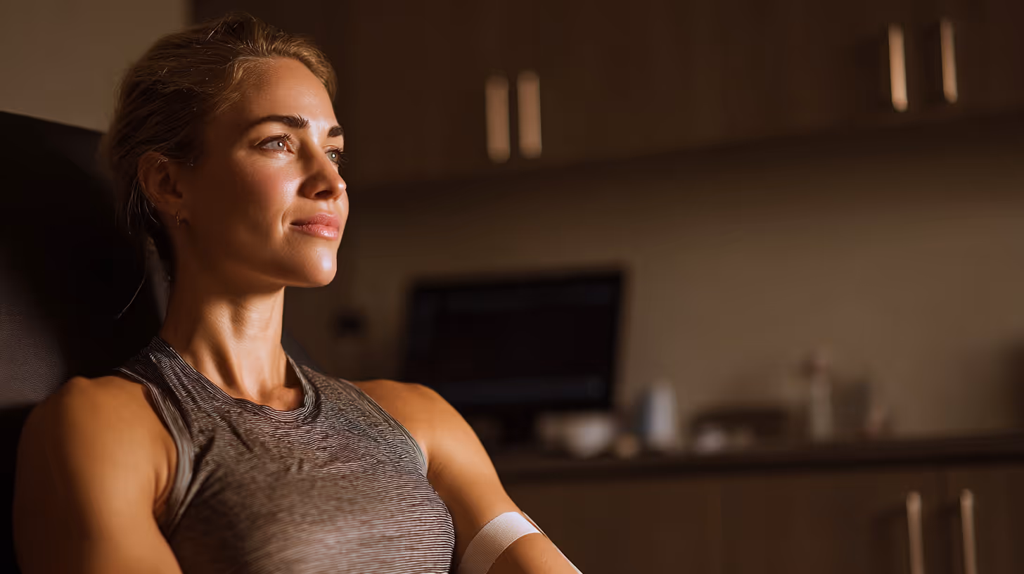 Woman with a bandage on her arm sitting in a medical room, looking forward with a calm expression.