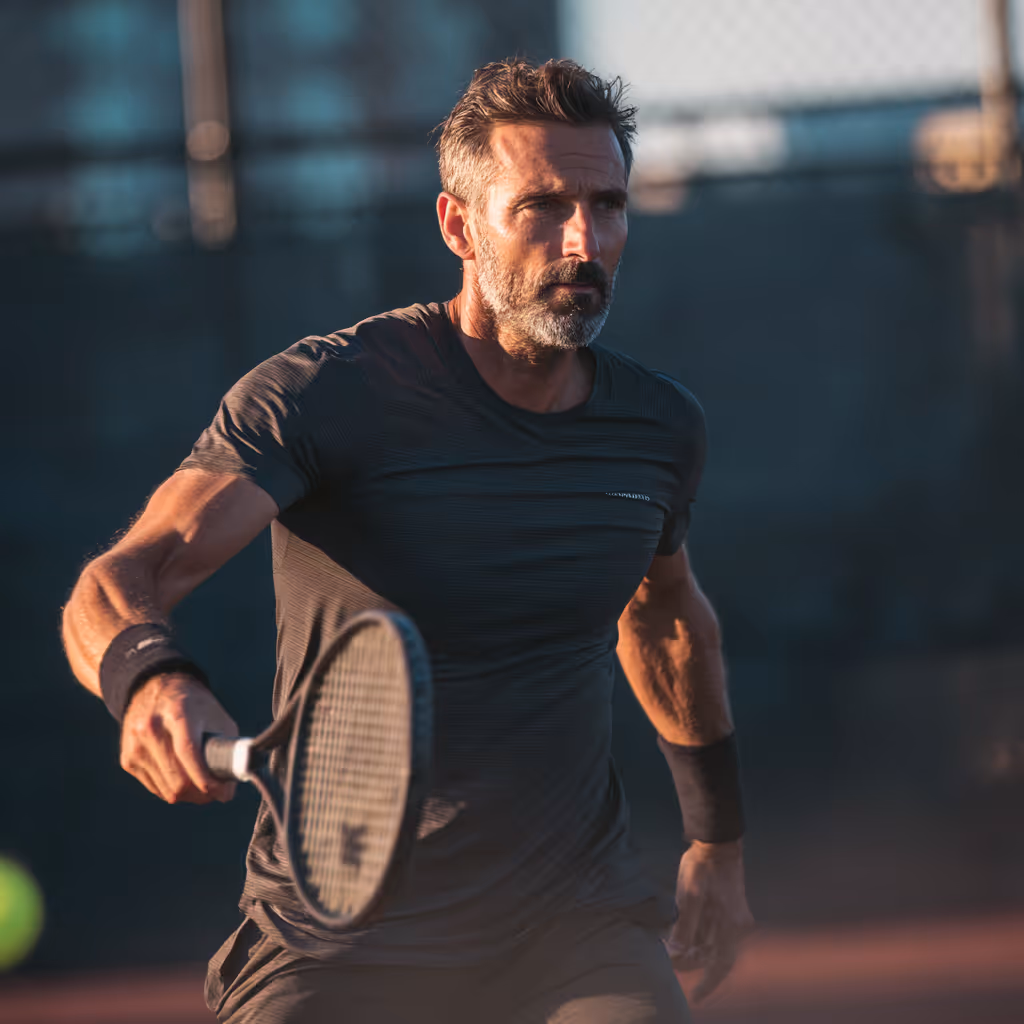 Man intensely playing pickleball outdoors, holding a paddle and ready to hit the ball.