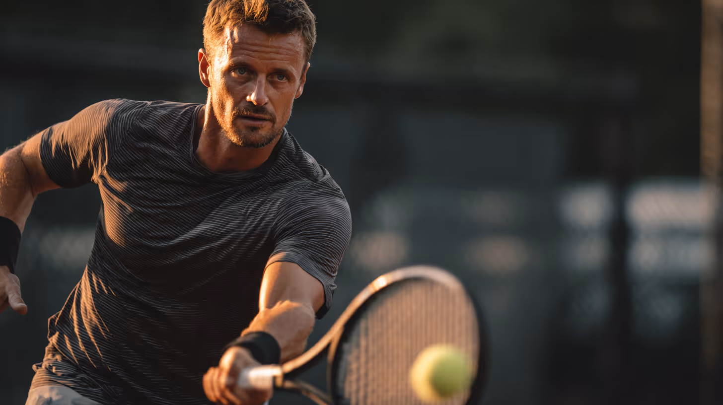 Man intensely playing tennis, reaching to hit a ball with a racket.
