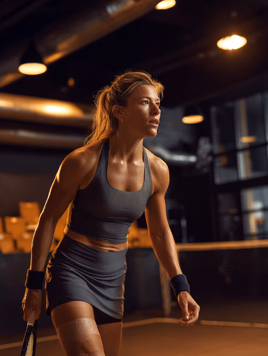 Woman in fitness attire holding a tennis racket, preparing to play on an indoor court.