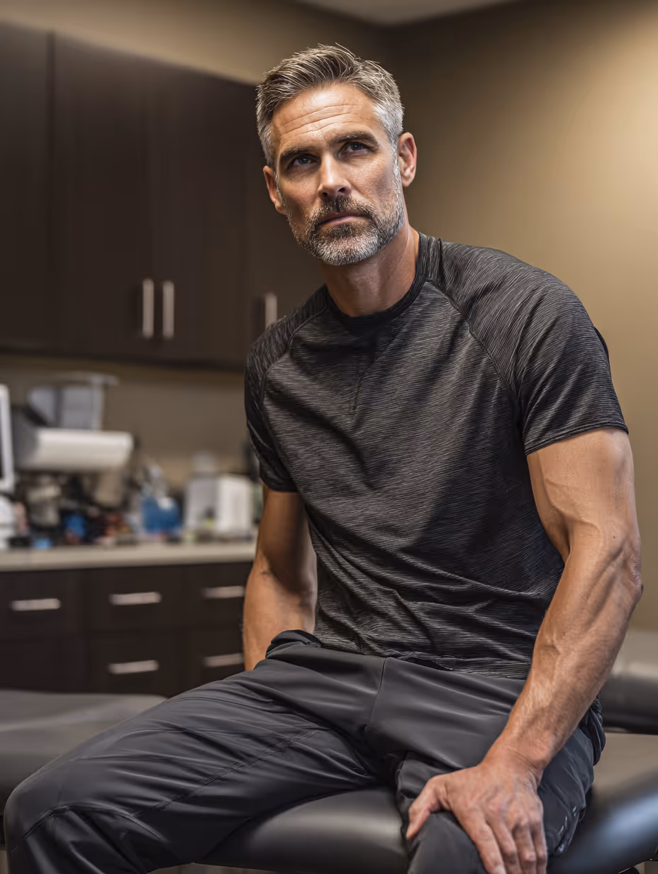 Mature muscular man with gray hair and beard sitting on a medical exam table in a clinic.
