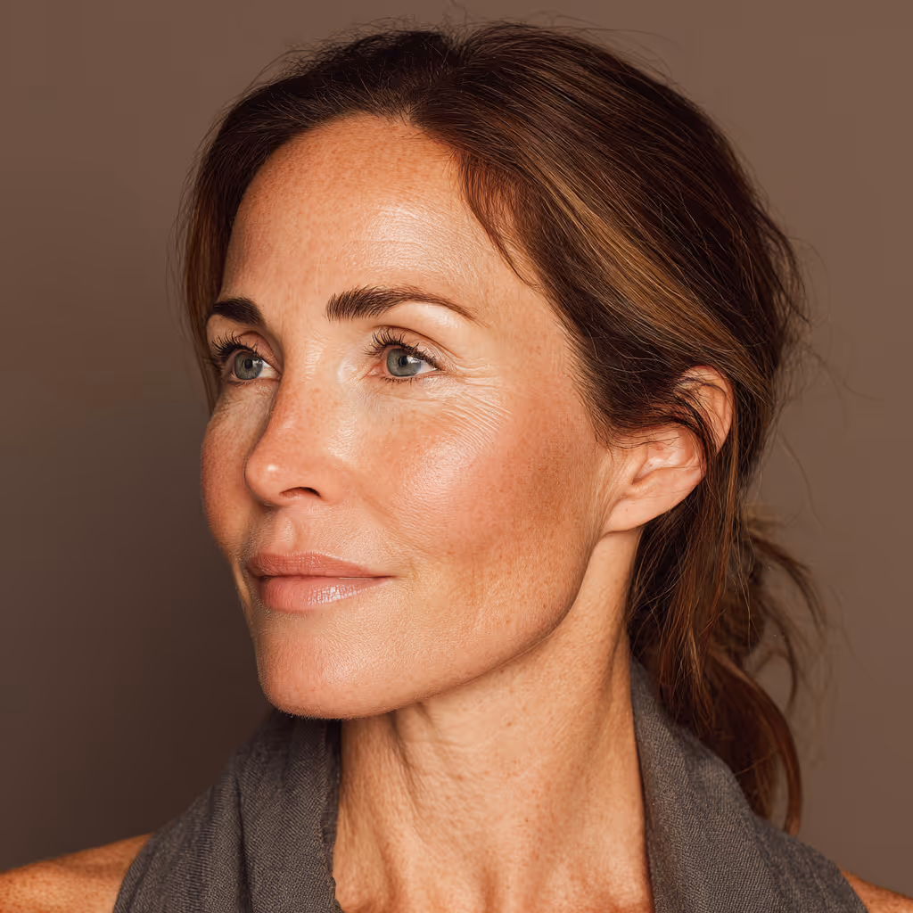 Close-up of a middle-aged woman with smooth skin, light freckles, and natural makeup looking to the side.
