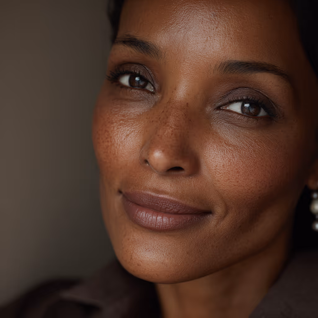 Close-up of a woman's face showing natural skin texture, freckles, and subtle wrinkles around the nose, lips, and smile lines.