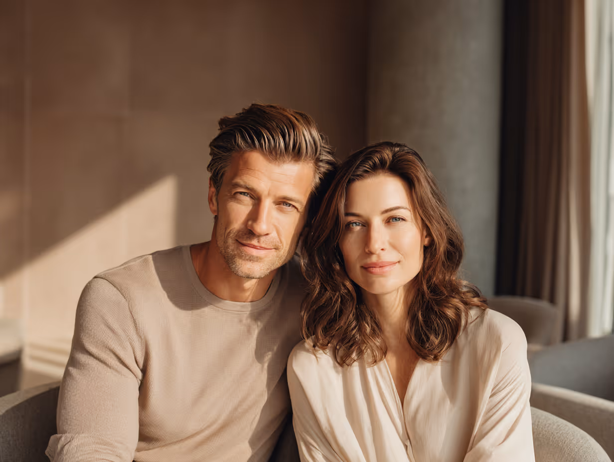 Smiling man and woman sitting close together in a softly lit room.