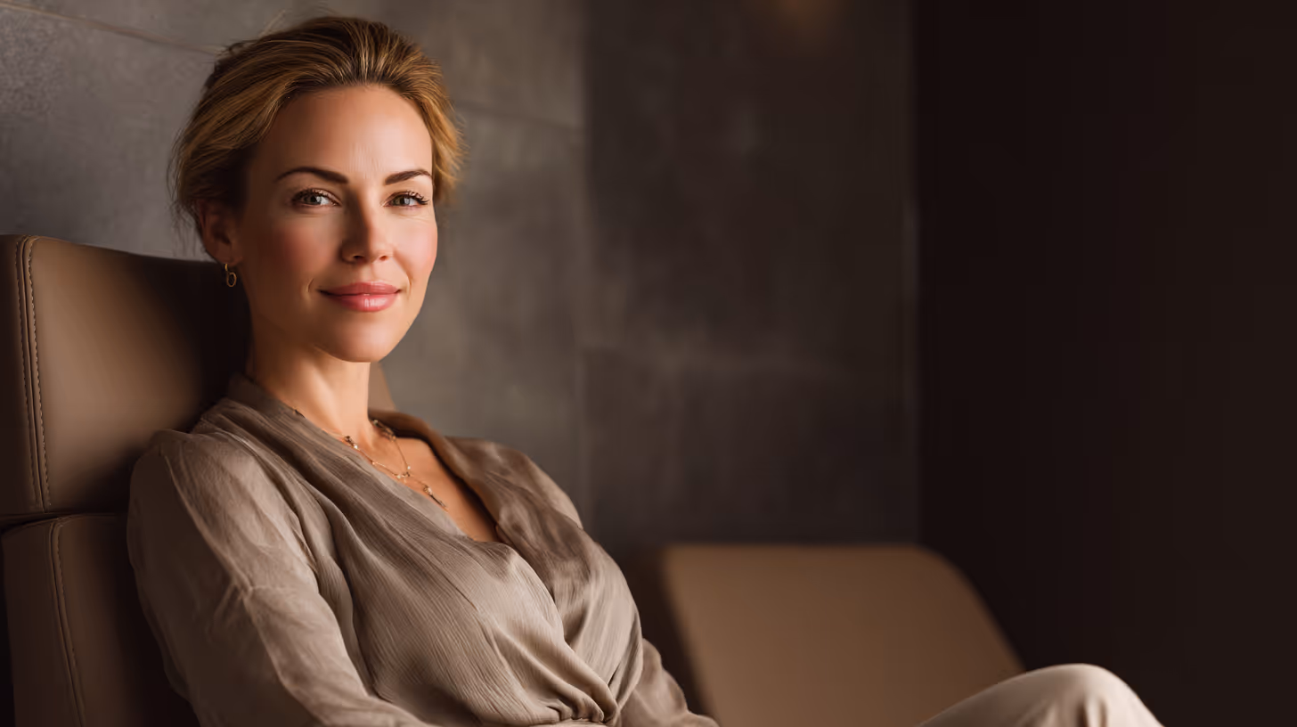 Confident woman with light brown hair sitting on a beige leather chair against a dark background.
