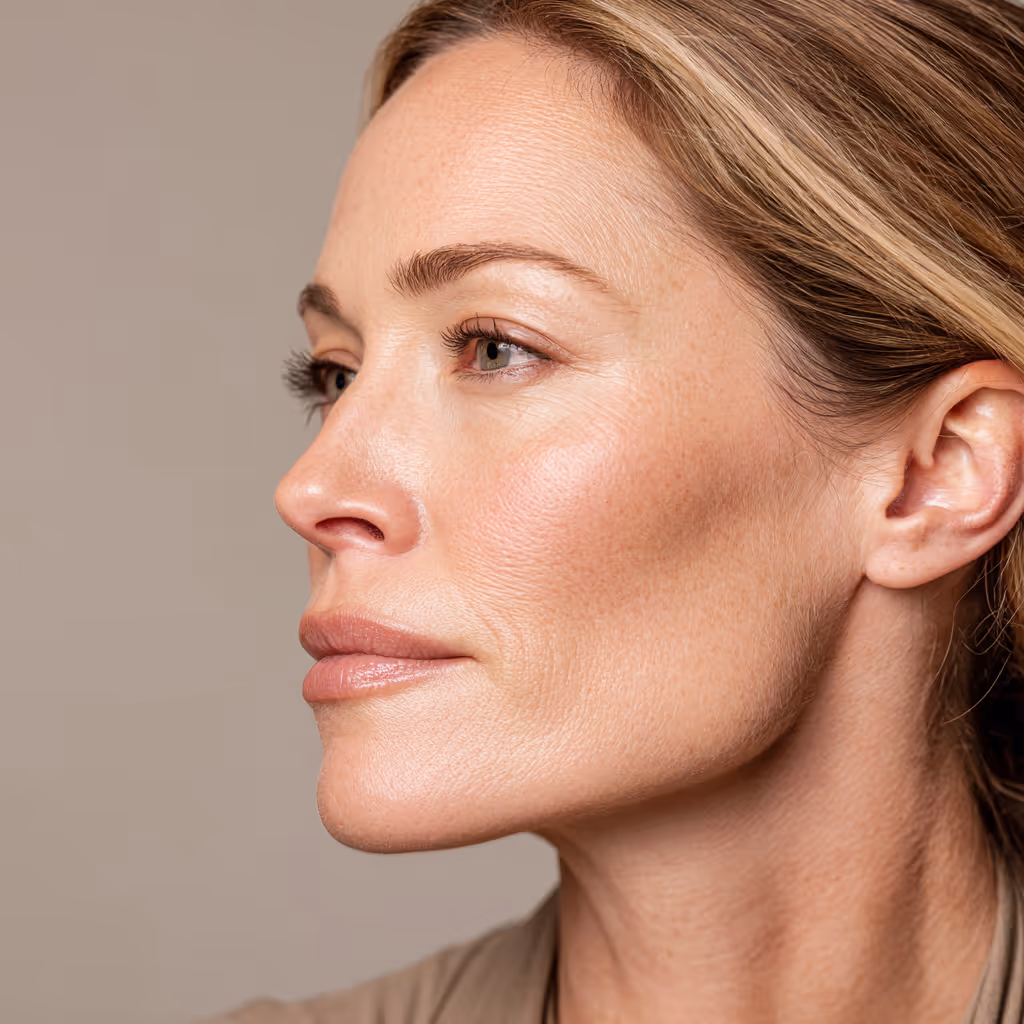 Close-up side profile of a middle-aged woman with smooth skin and natural makeup, looking slightly upwards.