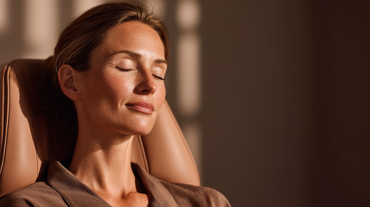 Relaxed woman with closed eyes, sitting in a brown chair with soft light on her face.