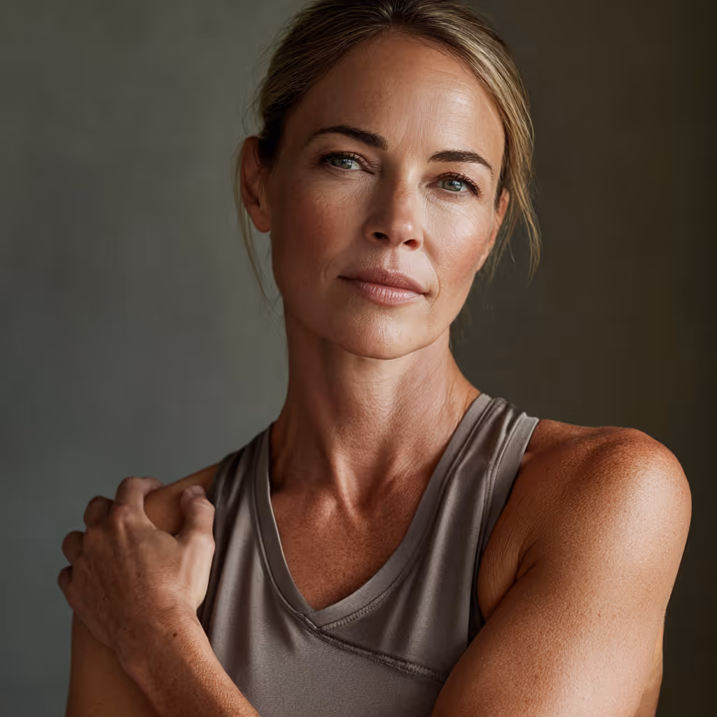Middle-aged woman with blonde hair in a sleeveless top holding her shoulder with a contemplative expression.