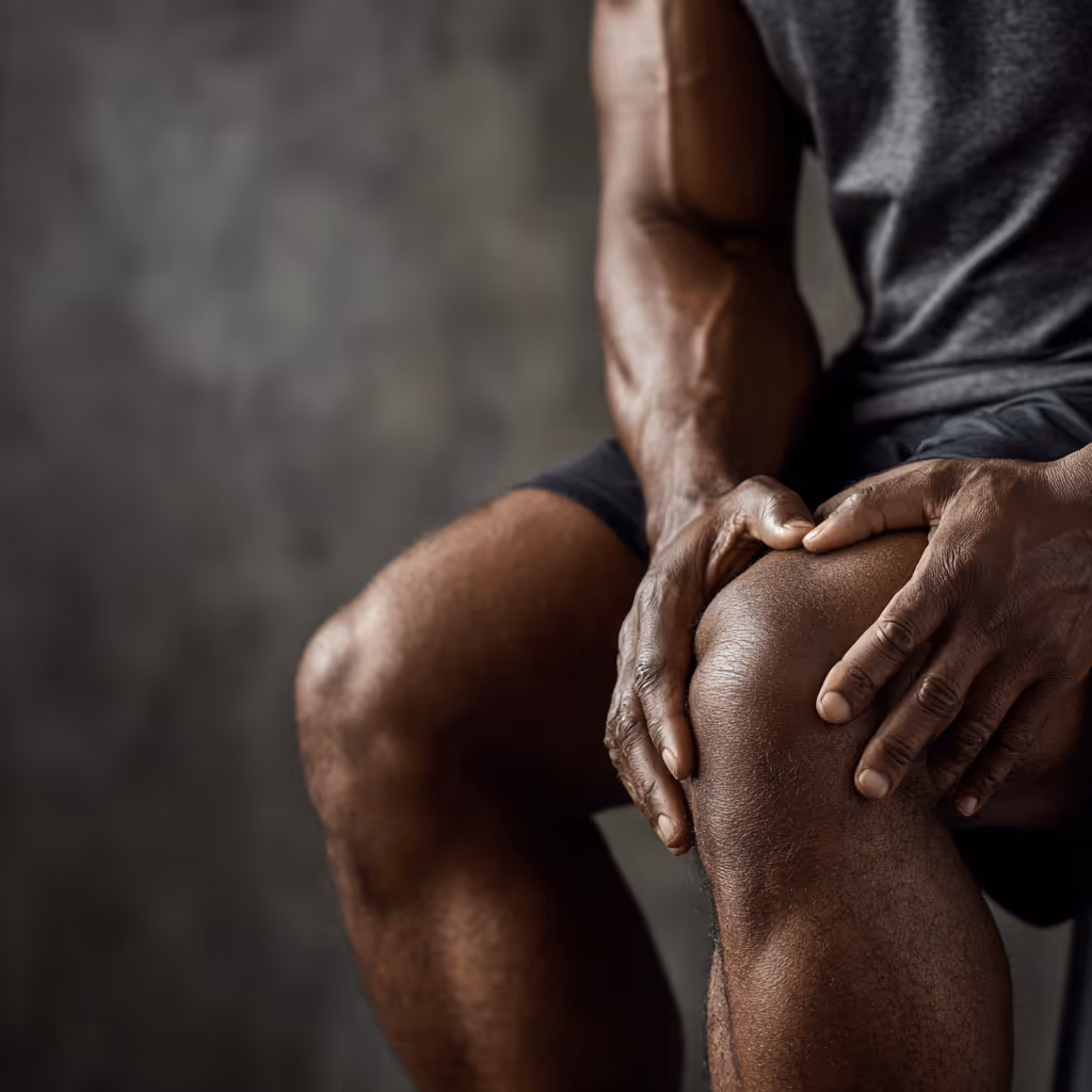 Man sitting and holding his knee with both hands, suggesting knee pain or discomfort.