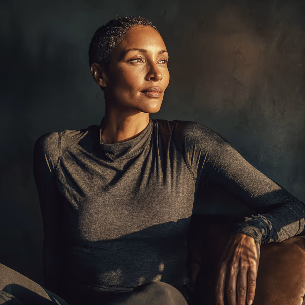 Woman with short curly hair wearing a long-sleeve shirt, sitting on a brown leather chair and looking contemplatively to the side in warm light.