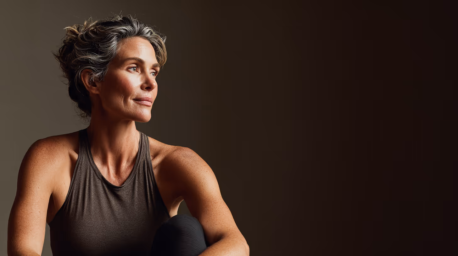 Thoughtful middle-aged woman with gray-streaked hair in a dark tank top looking to the side against a dark background.
