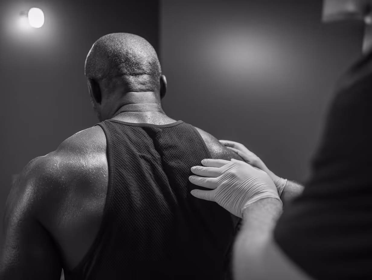 Gloved hands providing a shoulder massage to a muscular man wearing a sleeveless shirt.