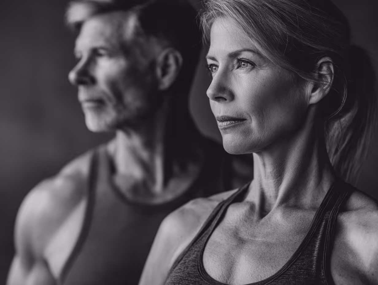 Black and white close-up of a fit middle-aged woman in a tank top looking thoughtfully to the side with a blurred man in a tank top in the background.