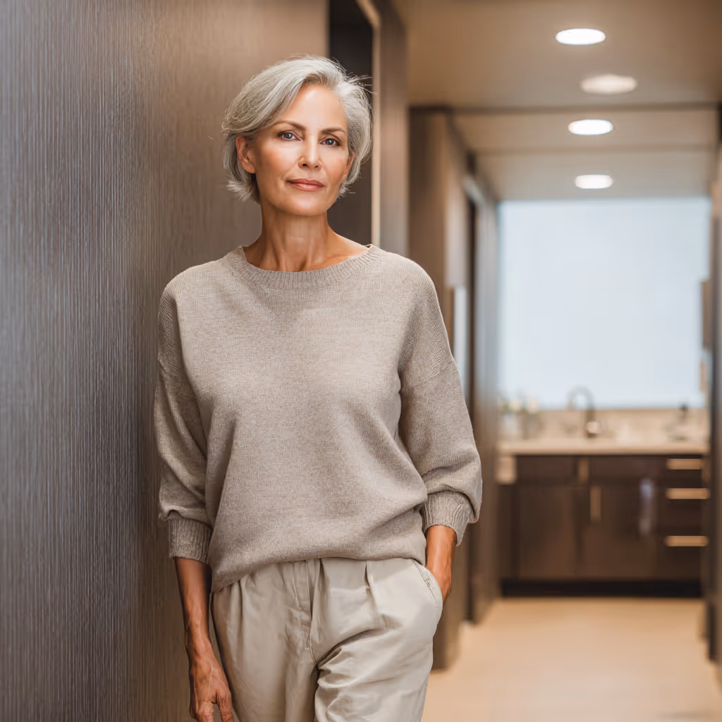 Confident middle-aged woman with short gray hair wearing beige sweater and pants standing in a modern, softly lit hallway.