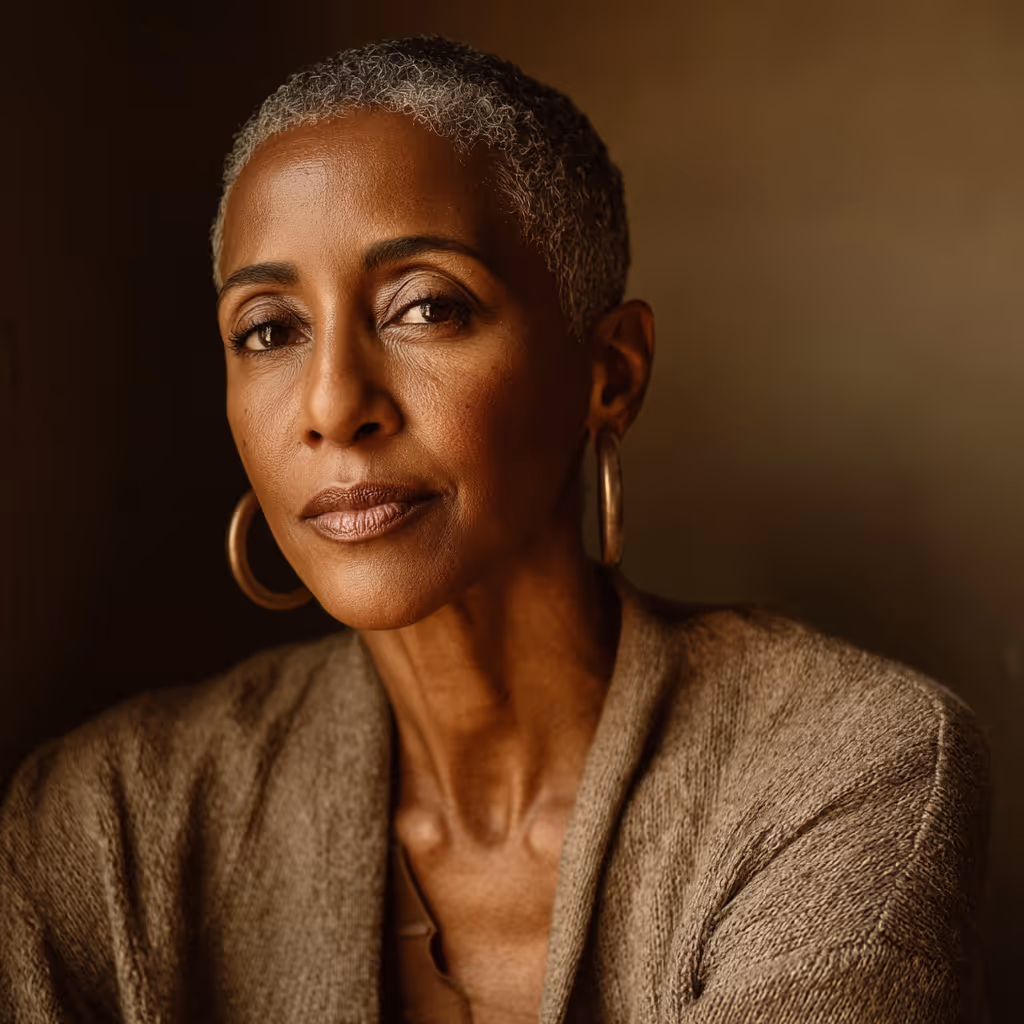 Portrait of a confident mature woman with short gray hair, wearing large hoop earrings and a textured brown sweater.