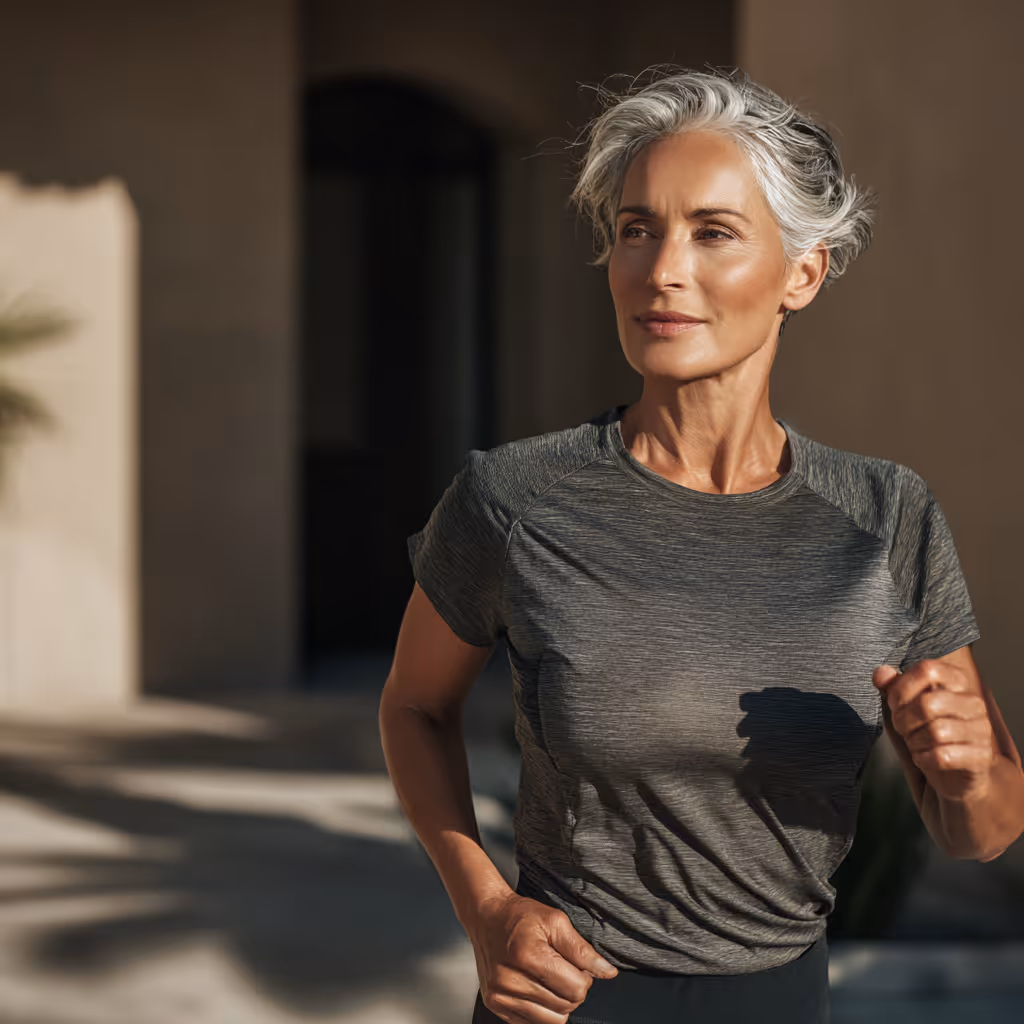 Active mature woman with short gray hair jogging outdoors in sunlight, wearing a gray athletic shirt.