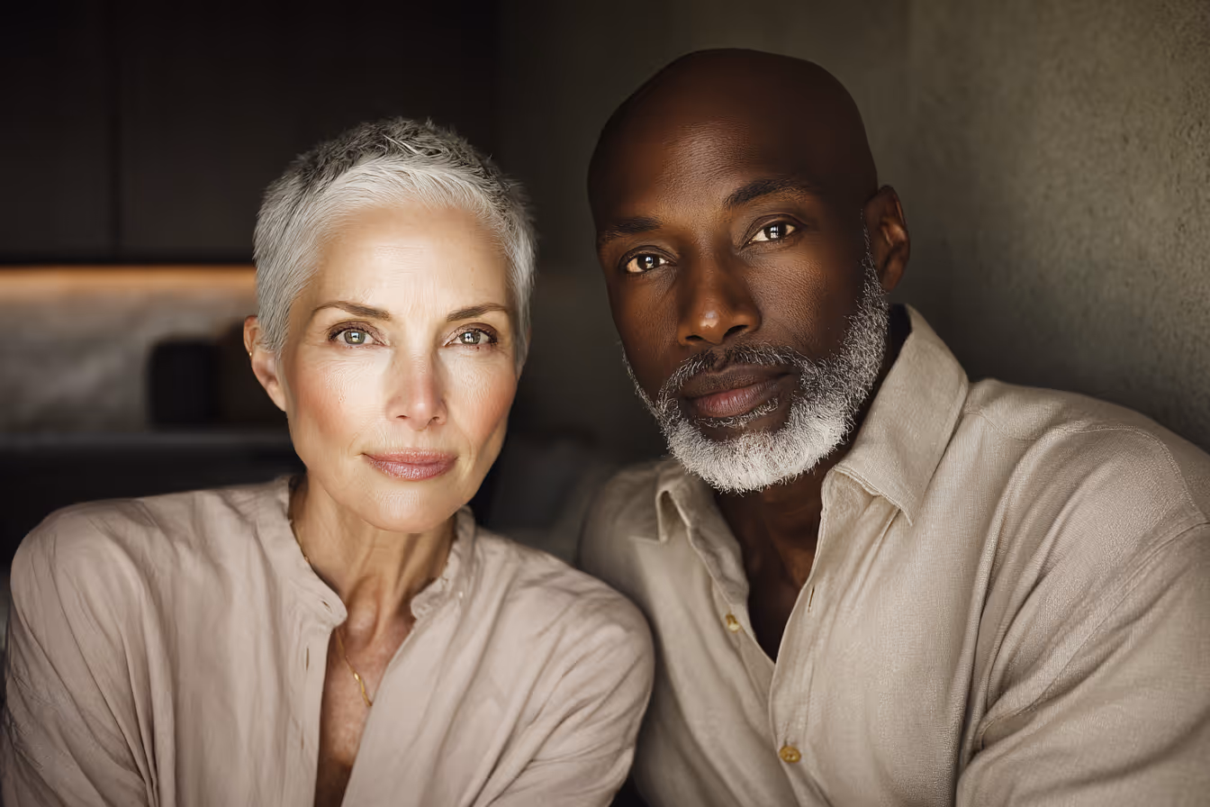 Portrait of a mature couple with gray hair, the woman with short gray hair and the man with a bald head and gray beard, both wearing beige tops and looking directly at the camera.