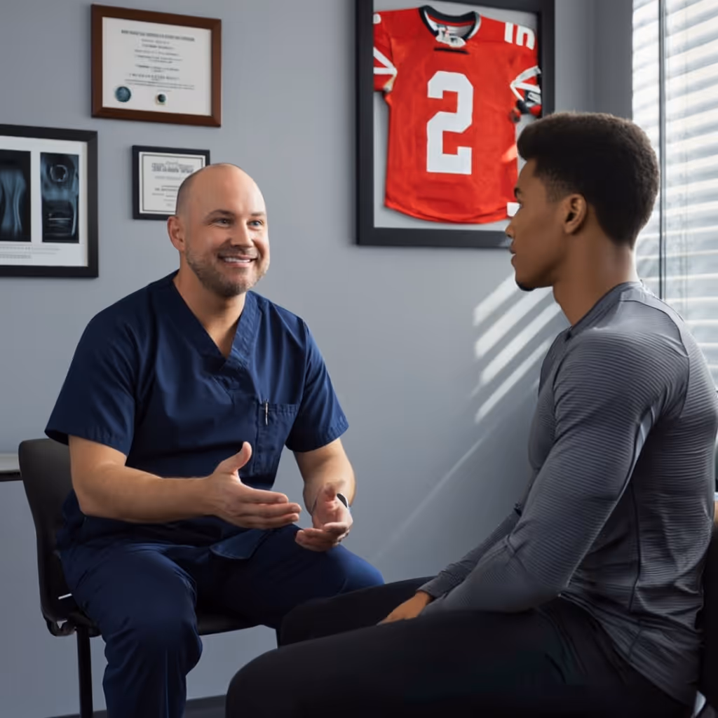Dr. Ched Garten reviews x-ray with athletic patient, reflecting Paragon’s diagnostic precision and injury recovery expertise.