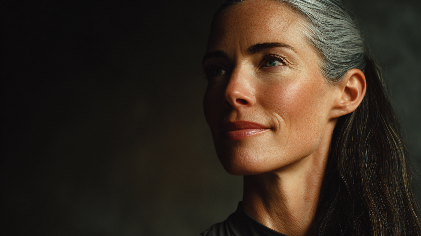 Close-up portrait of a mature woman with long dark hair and gray strands, looking thoughtfully to the side against a dark background.
