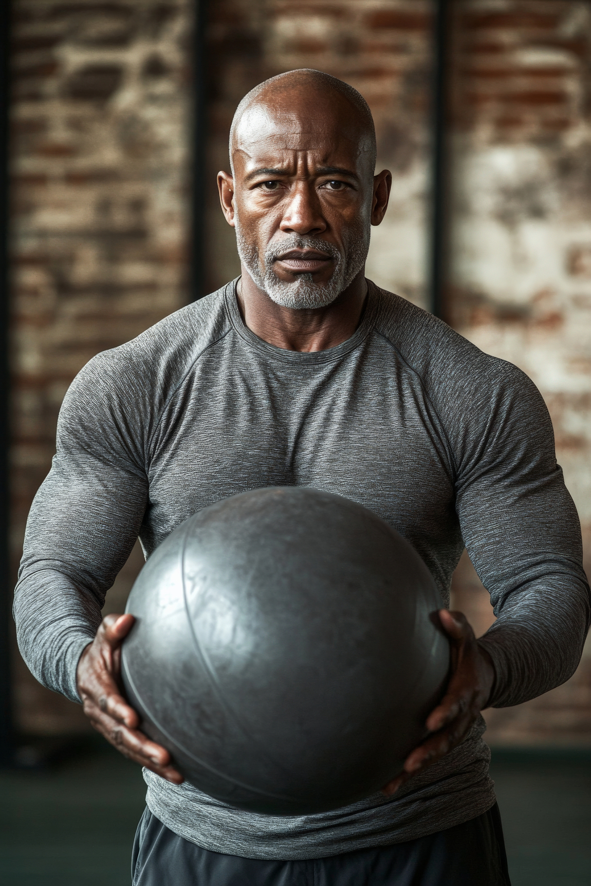 Muscular bald man with a gray beard holding a large black medicine ball in front of an exposed brick wall.