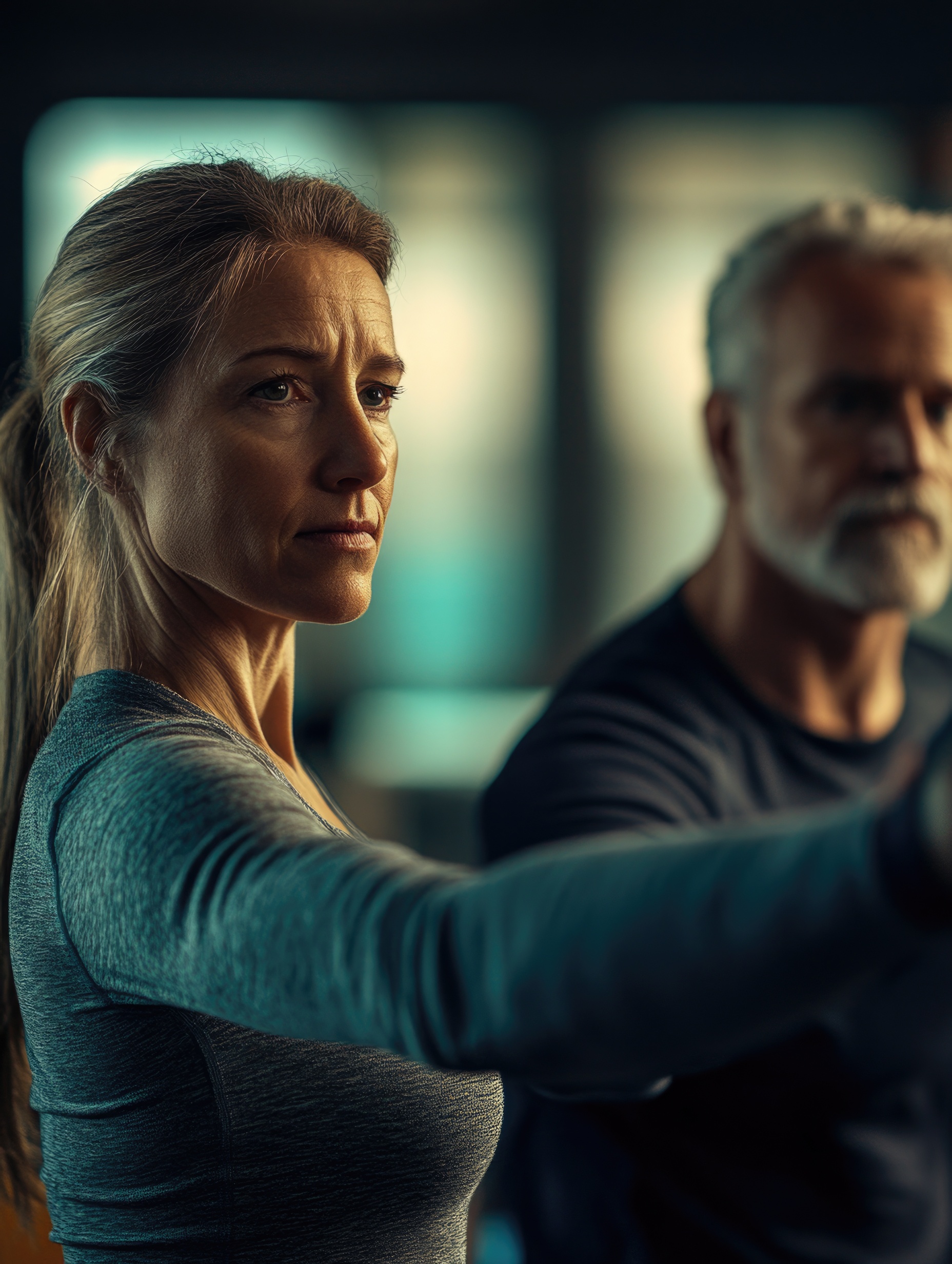 Focused middle-aged woman in sportswear extending her arm during fitness training with a man in the background.