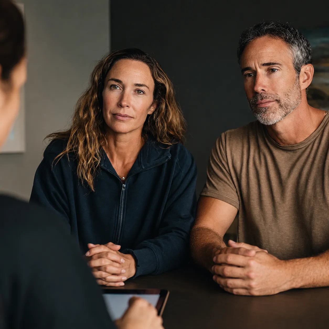 Serious couple attentively listening to a person during a counseling or consultation session.