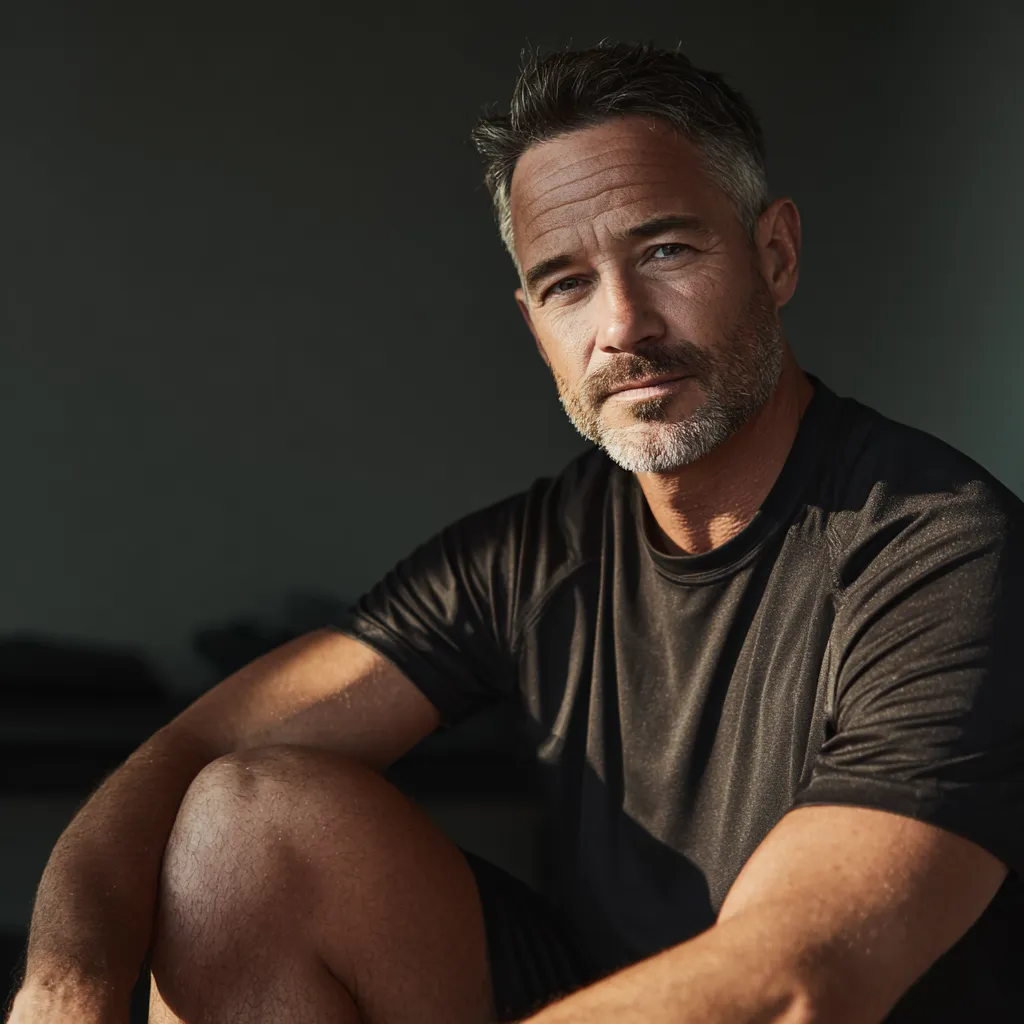 Middle-aged man with salt-and-pepper hair and beard wearing a black shirt, sitting and looking at camera.