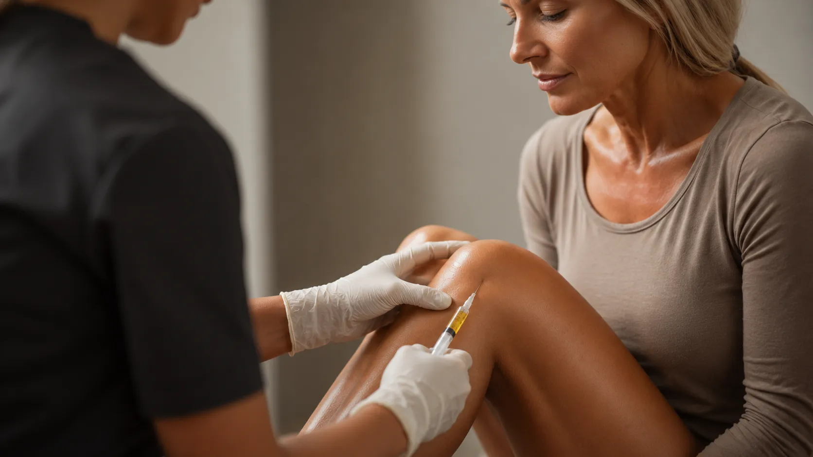 Healthcare professional injecting a woman’s knee with a syringe in a clinical setting.