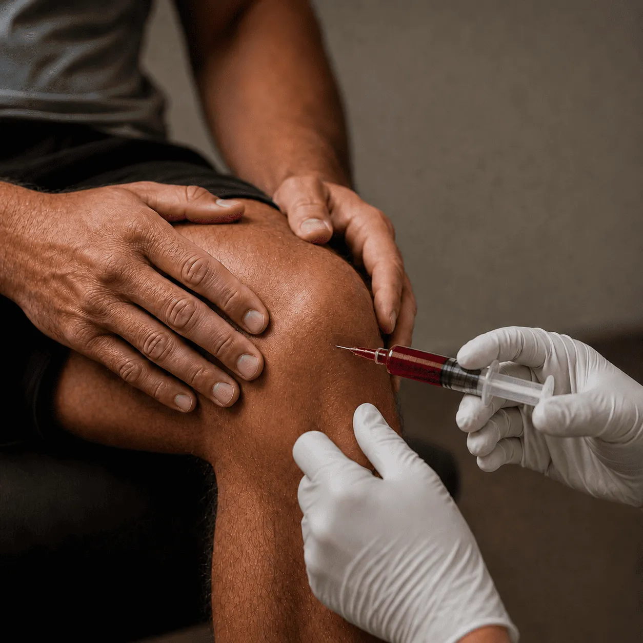 Close-up of a person receiving an injection in the knee with a syringe filled with red liquid.
