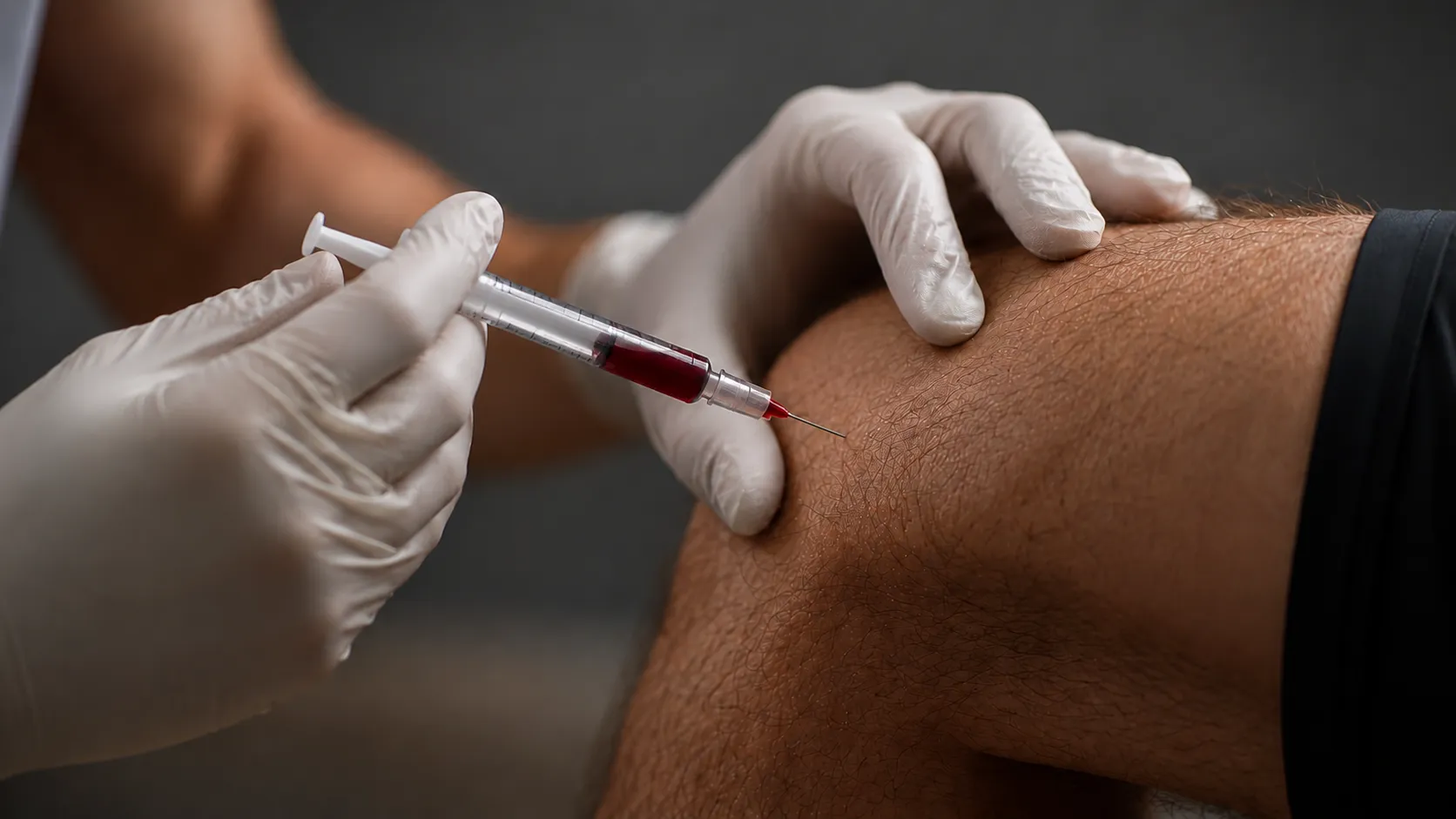 Gloved hands holding a syringe filled with red liquid near a person's shoulder.