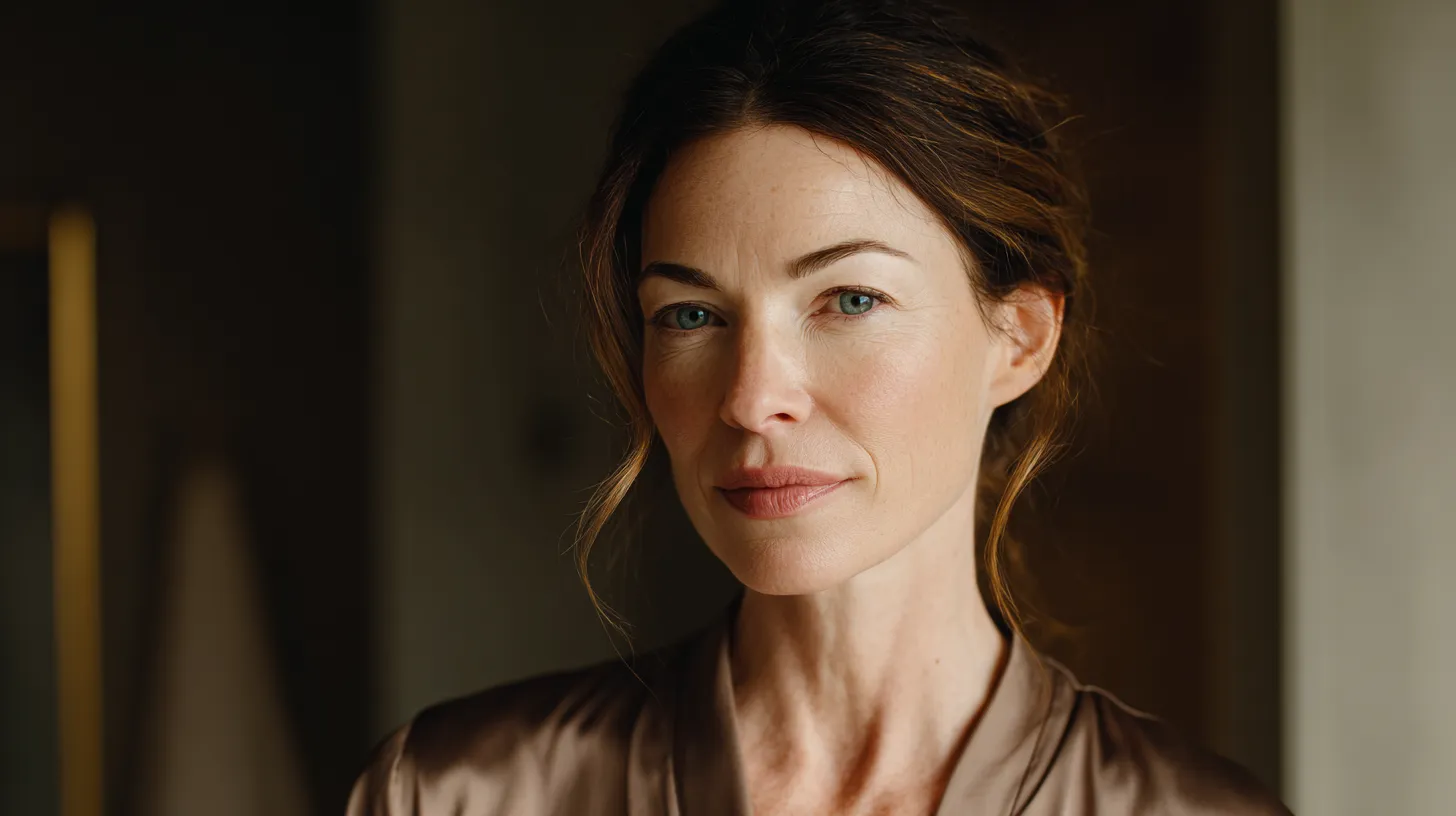 Close-up of a woman with blue-green eyes and brown hair looking at the camera in soft lighting.
