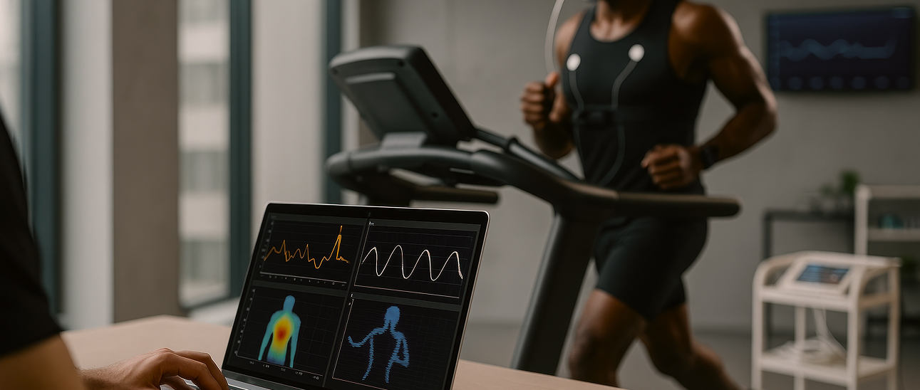Man running on treadmill while a laptop displays health data and body movement graphs.
