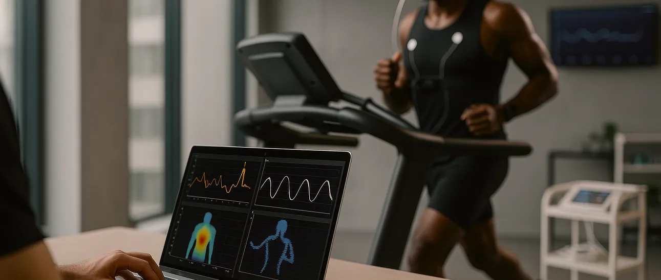 Man running on treadmill while a laptop displays health data and body movement graphs.