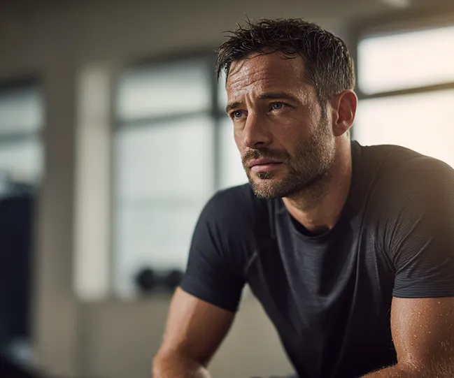 Sweaty man in a black shirt looking thoughtful in a bright gym setting.