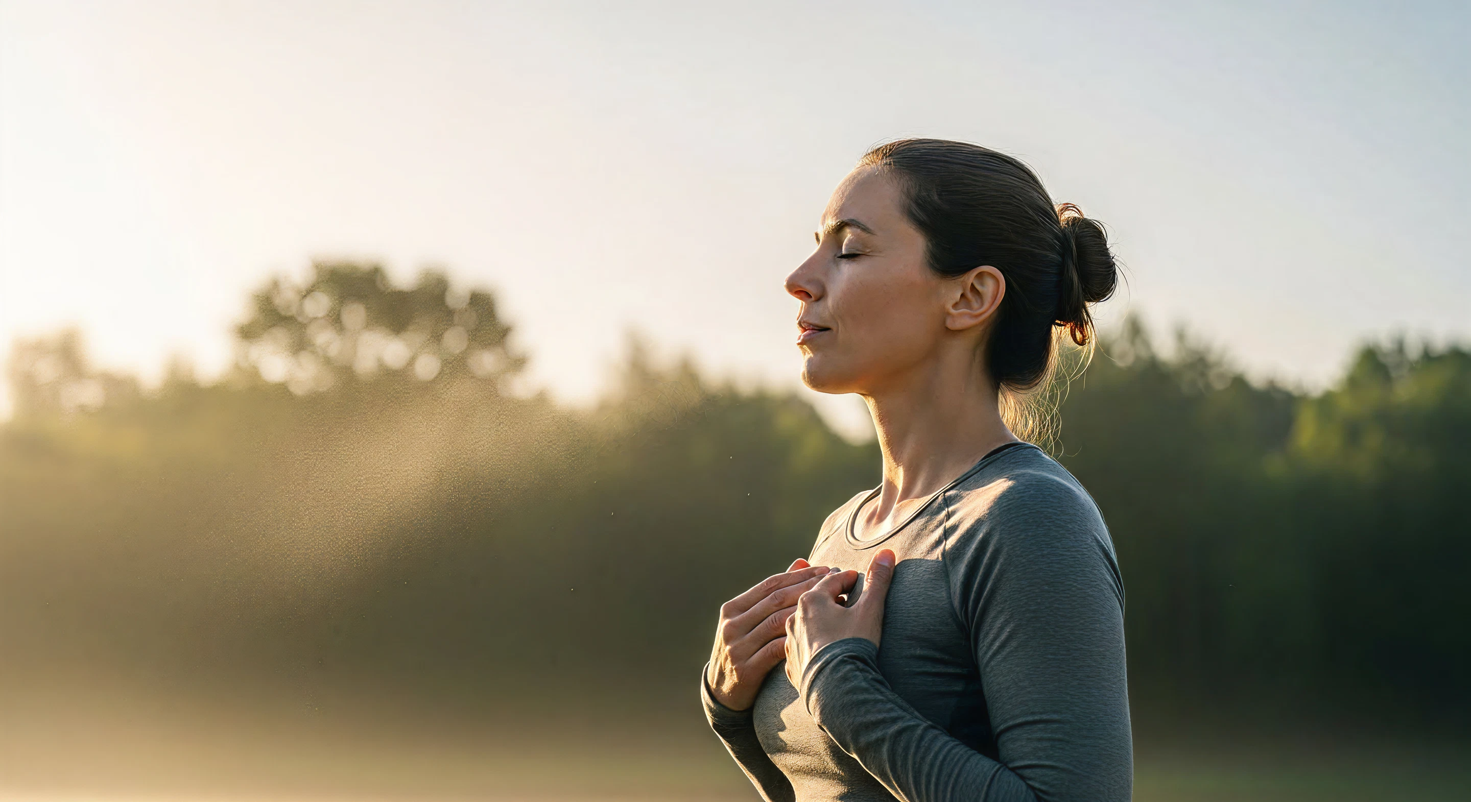 Woman with eyes closed holding her chest, standing outdoors at sunrise with trees in background.