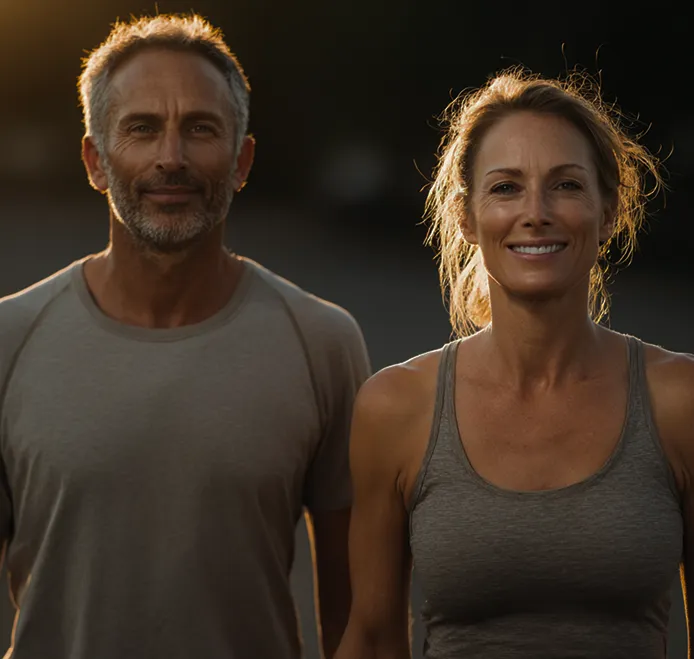 Smiling man and woman in athletic wear standing outdoors with warm backlighting.