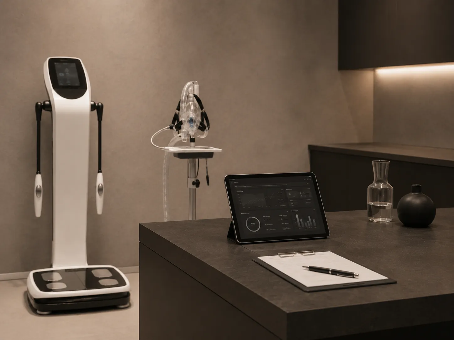 Body composition analyzer and a tablet showing a health metrics dashboard on a counter in a modern wellness clinic.