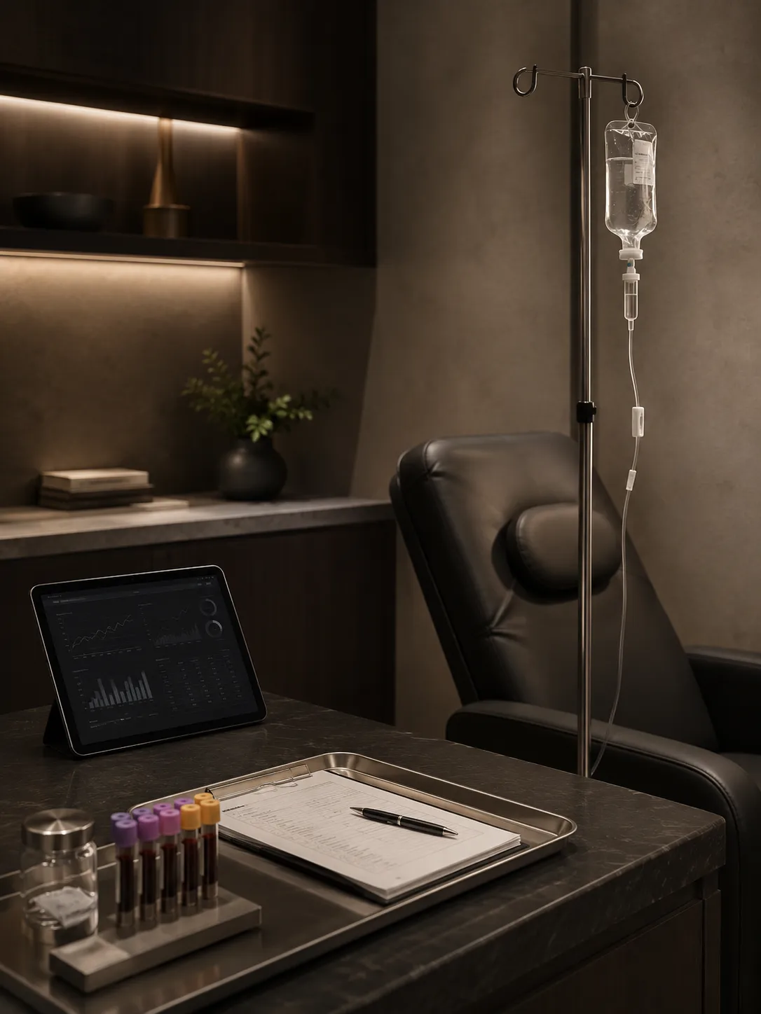 IV drip stand beside a leather treatment chair, with a tablet and a tray of labeled blood sample vials on a dark stone table.