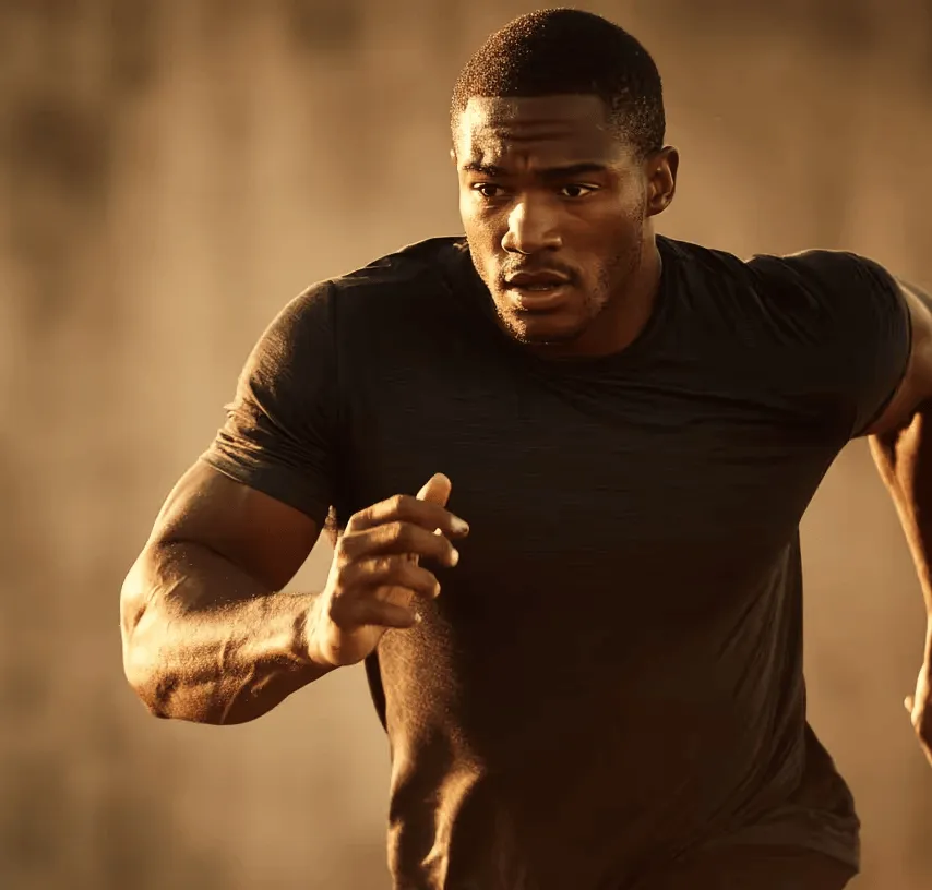 Athletic man in a black t-shirt sprinting outdoors in warm golden light.