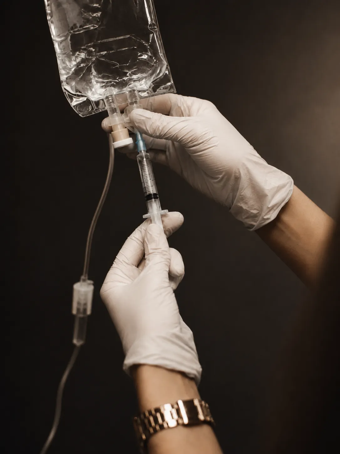 Gloved hands preparing an IV drip, injecting medication from a syringe into a hanging IV fluid bag.
