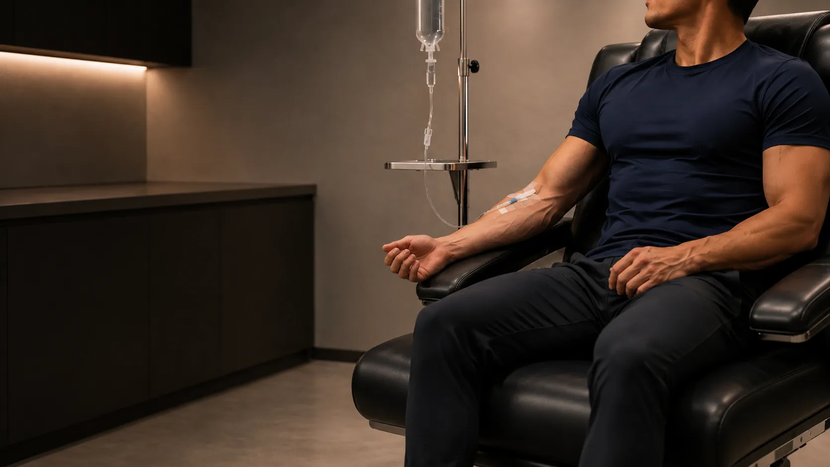 Muscular man in a navy t-shirt receiving IV drip therapy while seated in a black reclining chair in a dimly lit treatment room.