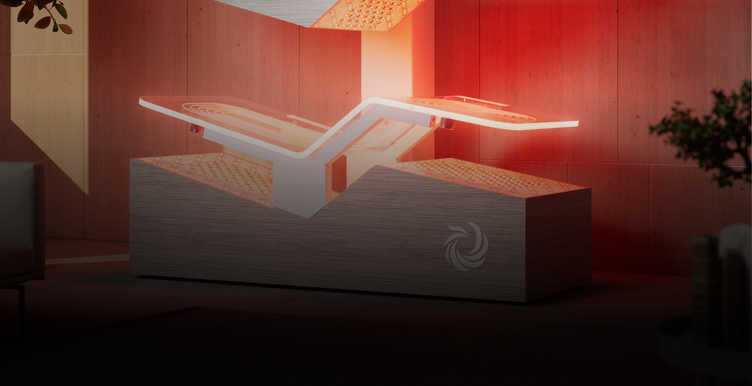 The open Ammortal Chamber with glowing red-light panels in a wood-paneled room